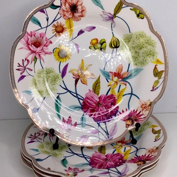 4 Grace Teaware Magnolia Song Bird SALAD Plates Floral Scalloped Gold Rim